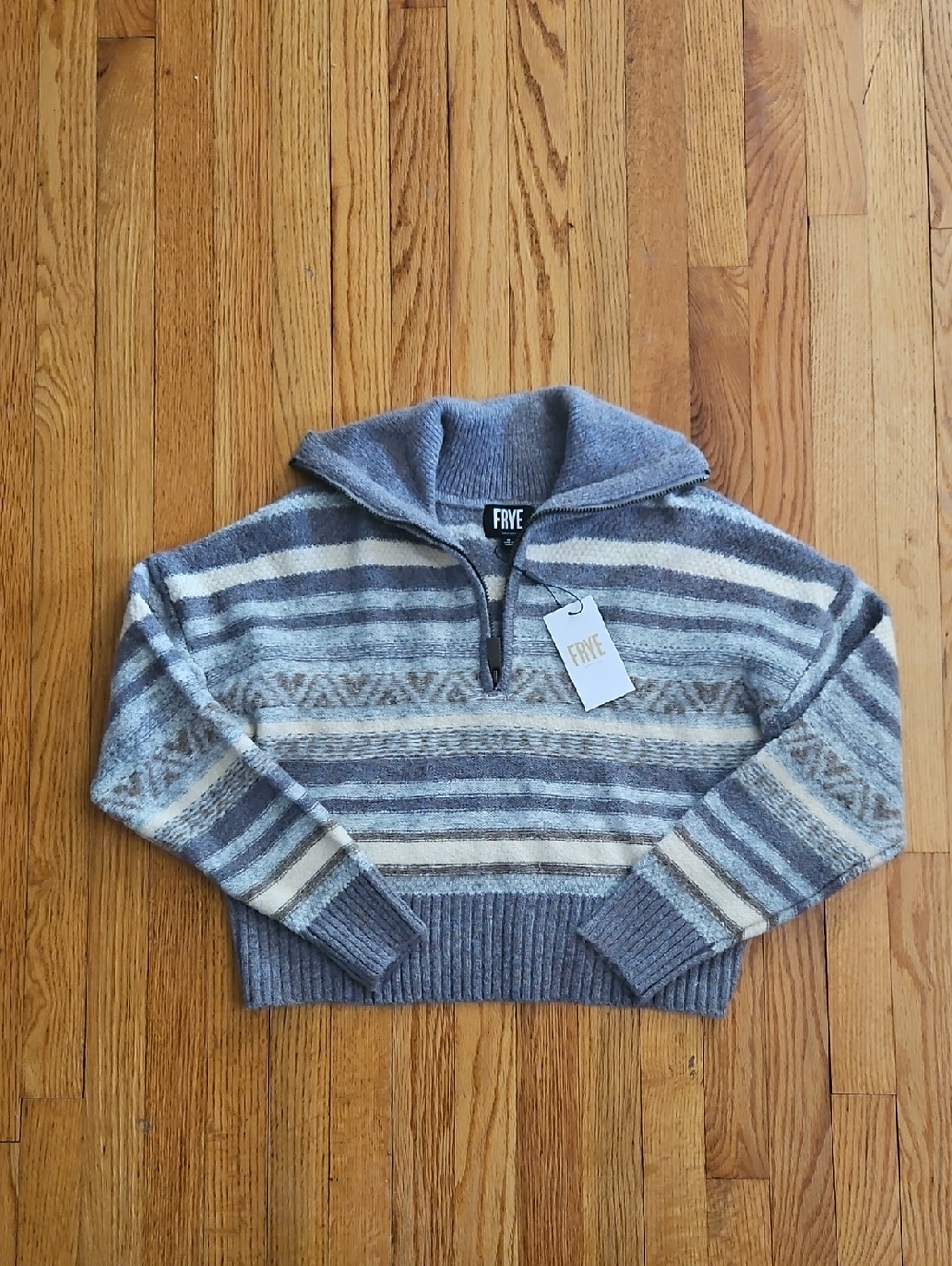NWT FRYE Women’s Gray and Cream Striped Half-Zip Sweater